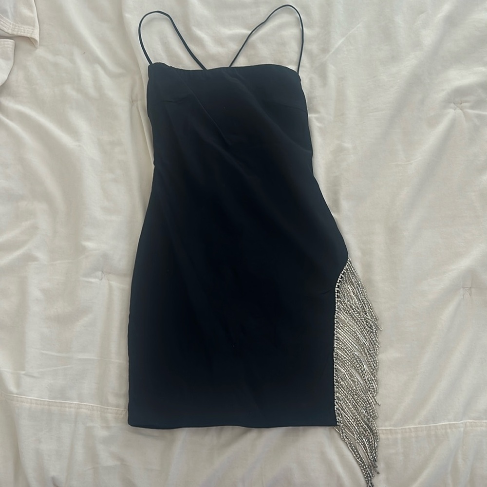 Black White Fox Dress Criss Cross Straps Sequin Sparkles Hip Cut Out Open Back